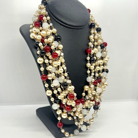 MULTI STRAND PEARL BEAD NECKLACE RED BLACK GOLD LUXE COUTURE STATEMENT 28" - Picture 5 of 12
